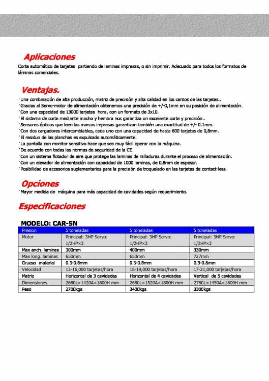 CAR-5N. Sistema de corte automático de tarjetas plásticas y de crédito. 2